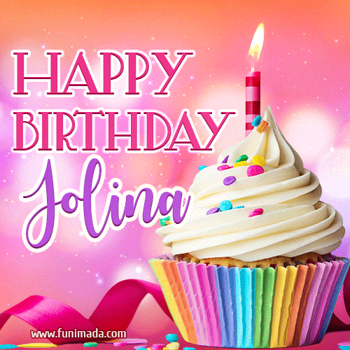 A vibrant birthday GIF featuring a rainbow-colored cupcake topped with white frosting, sprinkles, and a lit candle. The text reads 'Happy Birthday Jolina' in bold pink and violet letters with white outline.