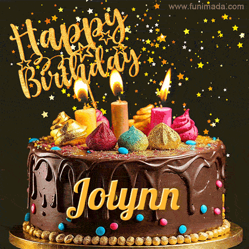 A delightful chocolate birthday cake with bright candles and 'Happy Birthday Jolynn' written in gold amidst a shower of animated stars.