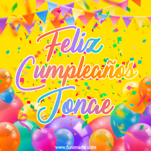 A bright and festive GIF with the text 'Feliz Cumpleaños Jonae' in Spanish in colorful fonts, surrounded by confetti, balloons, and festive banners on a vibrant yellow background.