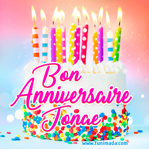 A white birthday cake covered in colorful sprinkles, topped with bright candles, and French text 'Bon Anniversaire Jonae' on a pastel gradient background in an animated GIF.