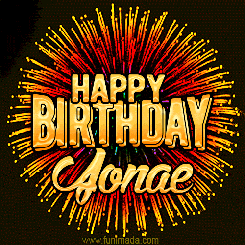 Golden 'Happy Birthday Jonae' text accompanied by animated rainbow fireworks for a festive animated greeting.