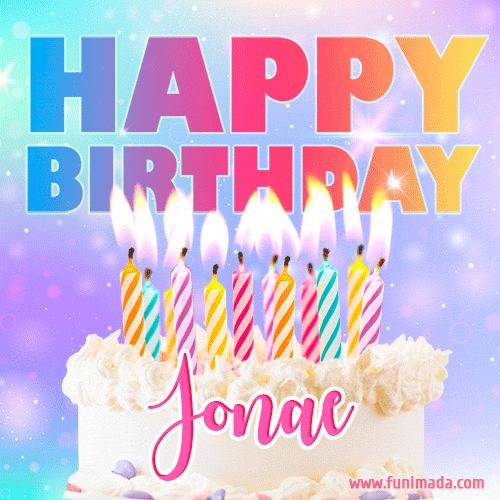 A vibrant animated name GIF with the words 'Happy Birthday Jonae' with colorful candles on a creamy cake. The background sparkles with pastel shades, adding a festive touch.