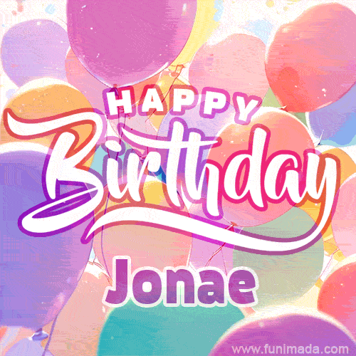 A vibrant name GIF featuring colorful balloons in shades of pink, orange, and yellow with the bold text 'Happy Birthday Jonae' in festive fonts, creating a lively birthday vibe.