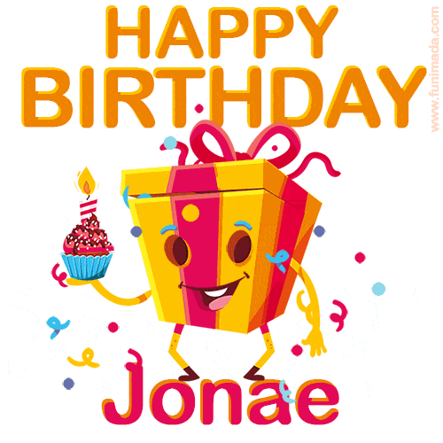 A vibrant and funny gift box character with a happy face dancing with a cupcake and the text 'Happy Birthday Jonae,' surrounded by animated confetti and party vibes.