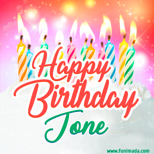 Bright birthday candles with rainbow flames on a cake, alongside the text 'Happy Birthday Jone' in vibrant script in this celebratory animated GIF.