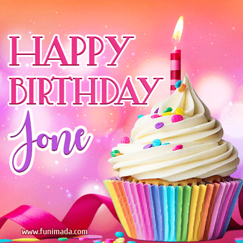 A vibrant birthday GIF featuring a rainbow-colored cupcake topped with white frosting, sprinkles, and a lit candle. The text reads 'Happy Birthday Jone' in bold pink and violet letters with white outline.