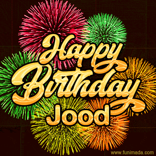 Golden text reading 'Happy Birthday Jood' surrounded by vibrant fireworks in red, green, and yellow, set against a dark background in this celebratory birthday GIF.