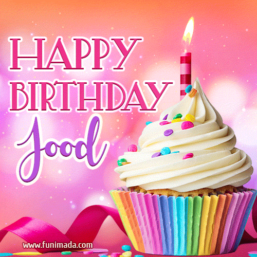 A vibrant birthday GIF featuring a rainbow-colored cupcake topped with white frosting, sprinkles, and a lit candle. The text reads 'Happy Birthday Jood' in bold pink and violet letters with white outline.