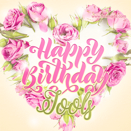 A stunning heart made of pink roses surrounds the elegant script text 'Happy Birthday Jools' on a soft beige background. Animated sparkles add a magical and festive feel.