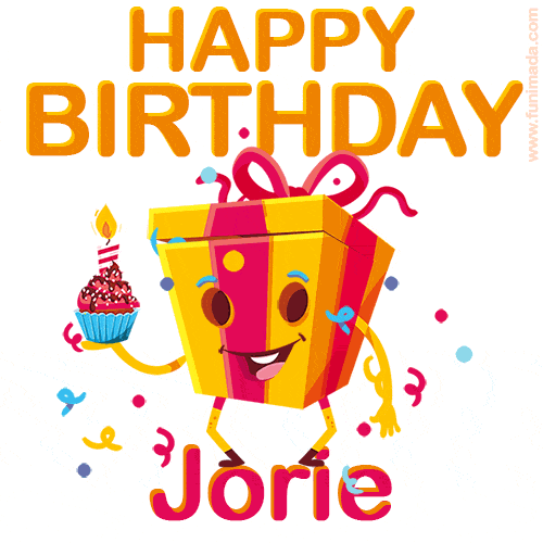 A vibrant and funny gift box character with a happy face dancing with a cupcake and the text 'Happy Birthday Jorie,' surrounded by animated confetti and party vibes.