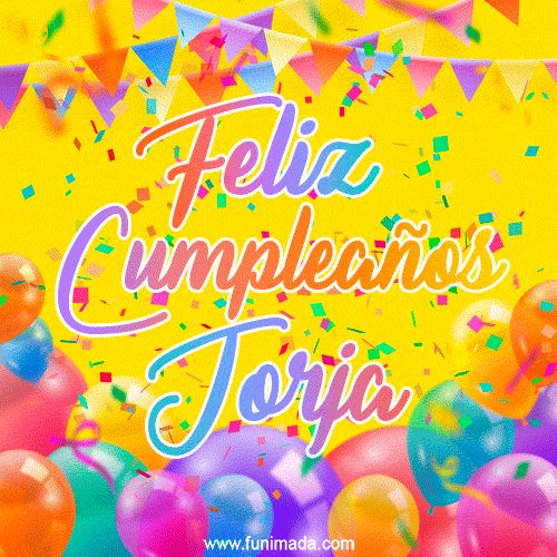 A bright and festive GIF with the text 'Feliz Cumpleaños Jorja' in Spanish in colorful fonts, surrounded by confetti, balloons, and festive banners on a vibrant yellow background.