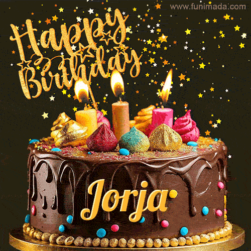A delightful chocolate birthday cake with bright candles and 'Happy Birthday Jorja' written in gold amidst a shower of animated stars.