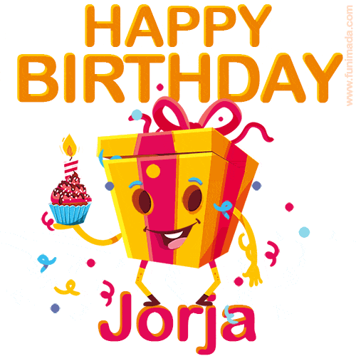A vibrant and funny gift box character with a happy face dancing with a cupcake and the text 'Happy Birthday Jorja,' surrounded by animated confetti and party vibes.