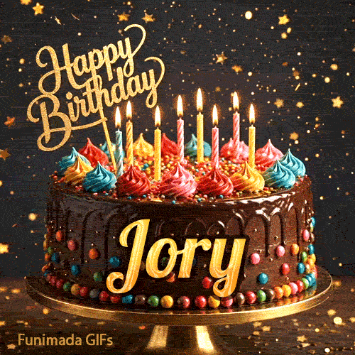 Cute chocolate cake animation with Jory's name, decorated with glowing birthday candles and multicolored icing.
