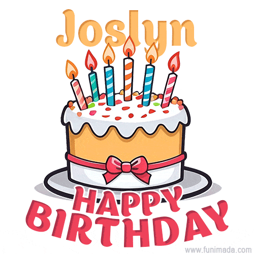 Cartoon birthday cake with a red bow, glowing candles, and 'Joslyn Happy Birthday' text in bold animated style.