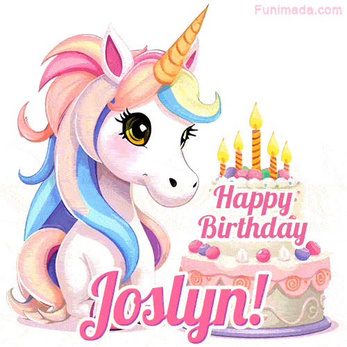 An adorable animated unicorn with soft pastel colors sits beside a birthday cake with glowing candles, and a pink 'Happy Birthday Joslyn!' words.