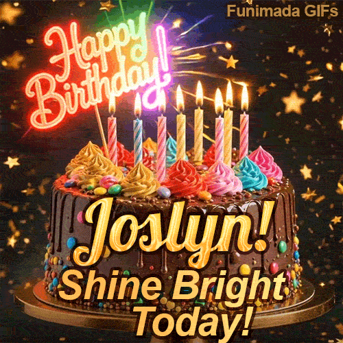 Burning birthday candles on top of a chocolate drip cake with the text Shine Bright Today! at the base, personalized for Joslyn.