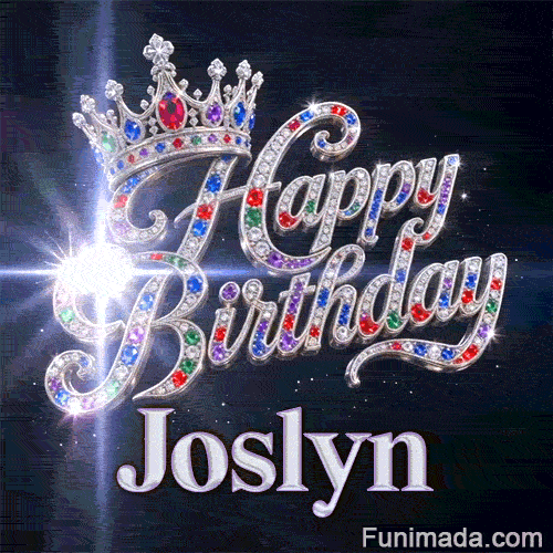 Detailed view of colorful emerald, sapphire, and ruby crystals encrusted in a silver tiara and cursive Happy Birthday text.Joslyn
