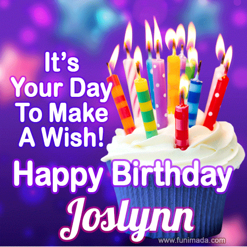 A colorful birthday GIF for Joslynn featuring a cupcake with vibrant lit candles and the text 'It's Your Day to Make a Wish! Happy Birthday Joslynn' in bold letters on a festive purple background.