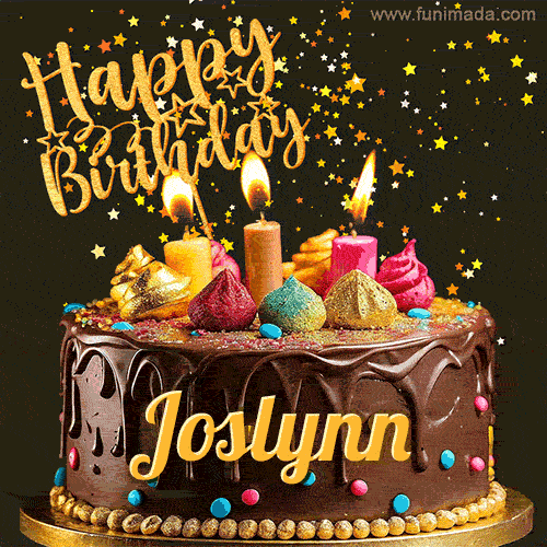 A delightful chocolate birthday cake with bright candles and 'Happy Birthday Joslynn' written in gold amidst a shower of animated stars.