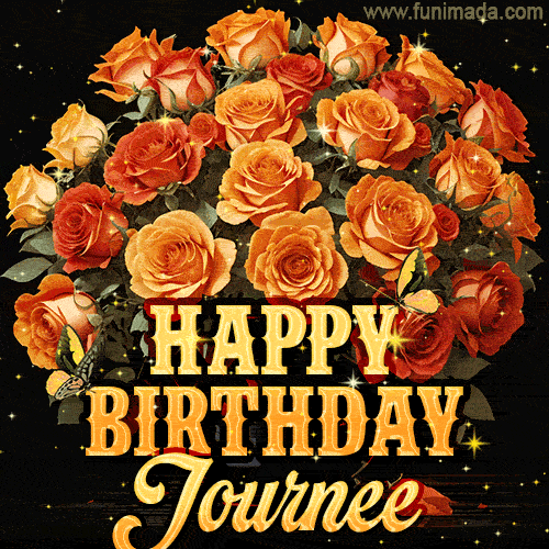 Animated bouquet of orange roses with moving butterfles and golden 'Happy Birthday Journee' text, surrounded by sparkling accents and a dark backdrop for a luxurious feel.