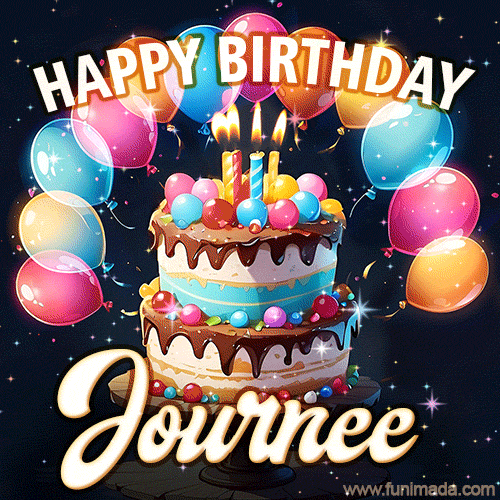 Bright birthday animation for Journee with a chocolate cake, candles, balloons, and glowing celebratory lights.