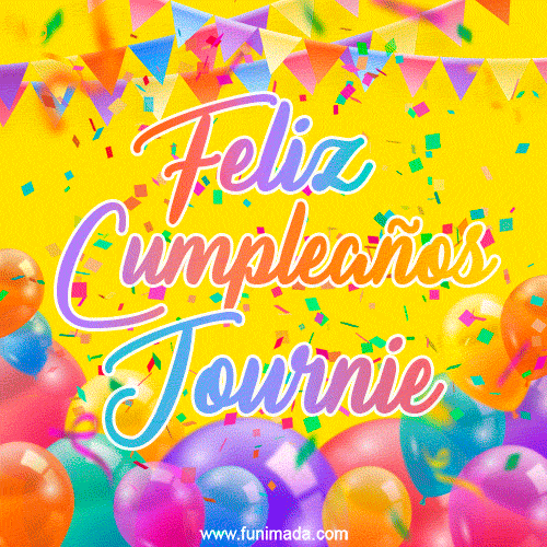 A bright and festive GIF with the text 'Feliz Cumpleaños Journie' in Spanish in colorful fonts, surrounded by confetti, balloons, and festive banners on a vibrant yellow background.