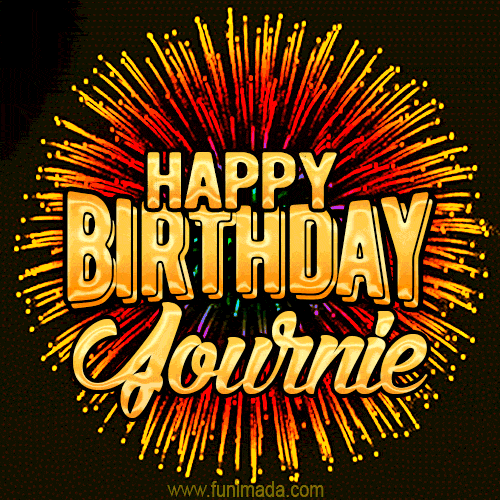 Golden 'Happy Birthday Journie' text accompanied by animated rainbow fireworks for a festive animated greeting.