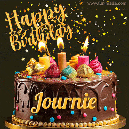A delightful chocolate birthday cake with bright candles and 'Happy Birthday Journie' written in gold amidst a shower of animated stars.