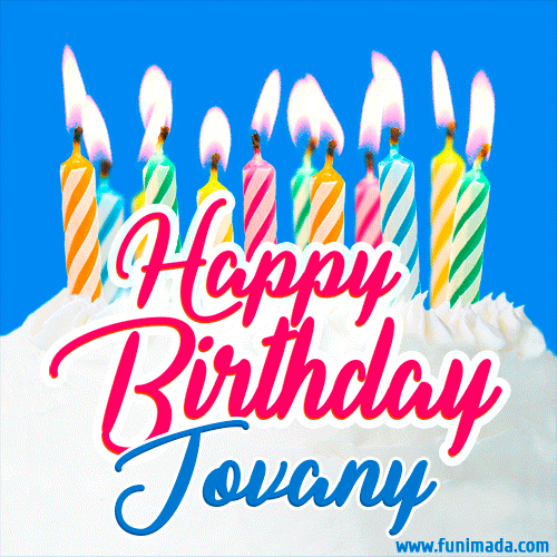 A cheerful animated GIF featuring colorful lit birthday candles on a white cake, with the text 'Happy Birthday Jovany' in bold red and blue script on a bright blue background.