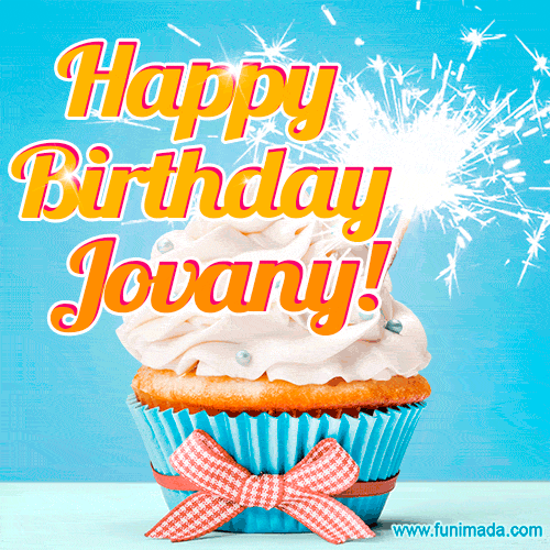 A cheerful animated GIF of a cupcake with creamy frosting, a red checkered ribbon, and a bright sparkler on top. The text 'Happy Birthday Jovany!' is displayed in vibrant orange and red.