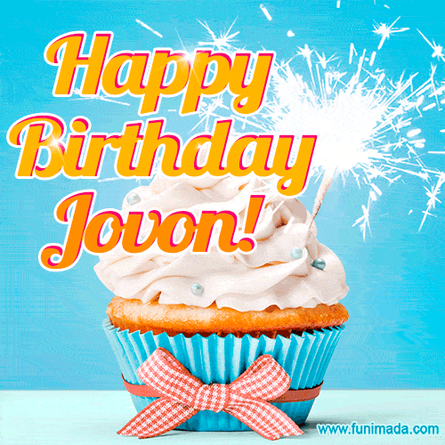 A cheerful animated GIF of a cupcake with creamy frosting, a red checkered ribbon, and a bright sparkler on top. The text 'Happy Birthday Jovon!' is displayed in vibrant orange and red.