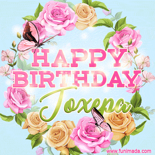 A charming animated GIF featuring 'Happy Birthday Joxepa' in pink and green text, surrounded by delicate roses, leaves, and fluttering butterflies on a soft light blue pastel background.