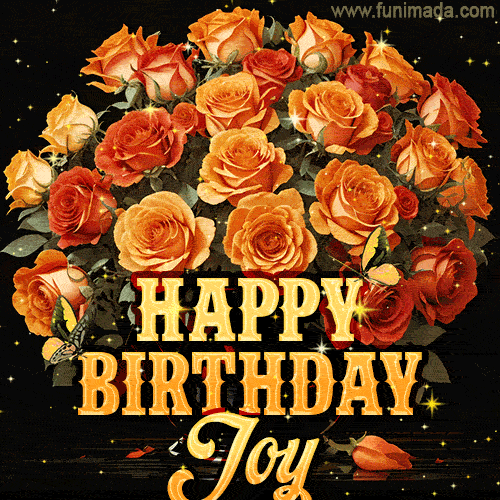 Animated bouquet of orange roses with moving butterfles and golden 'Happy Birthday Joy' text, surrounded by sparkling accents and a dark backdrop for a luxurious feel.