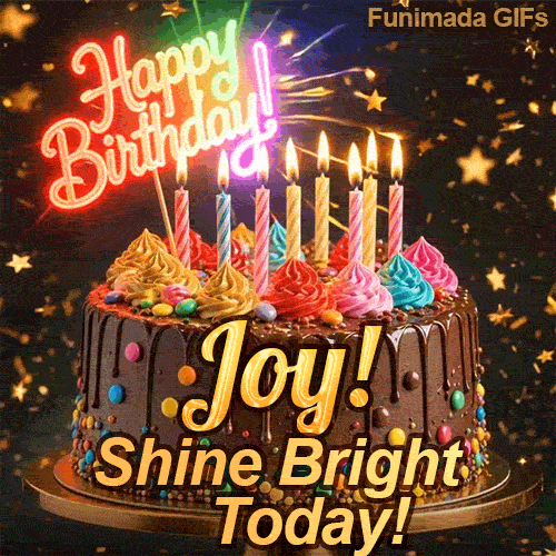 A customized birthday ecard for Joy displaying a rich chocolate cake with a sparkly dark background.