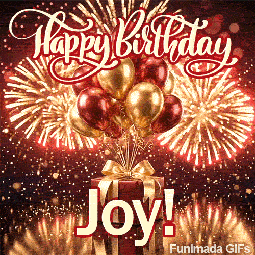 A customized birthday ecard for Joy featuring a red present under a glittering sky filled with gold firework bursts.