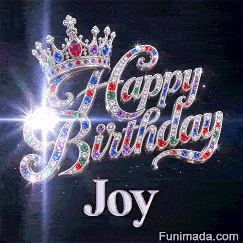 Happy Birthday Joy animated image showcasing a glittering crown and white sparkling light effects.