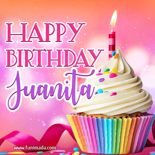 A vibrant birthday GIF featuring a rainbow-colored cupcake topped with white frosting, sprinkles, and a lit candle. The text reads 'Happy Birthday Juanita' in bold pink and violet letters with white outline.