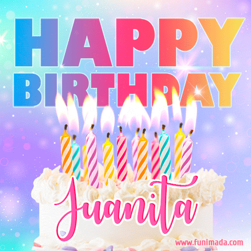 A vibrant animated name GIF with the words 'Happy Birthday Juanita' with colorful candles on a creamy cake. The background sparkles with pastel shades, adding a festive touch.