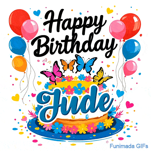 Detailed butterflies resting on top of a yellow and white drip cake with Jude's name in blue script.