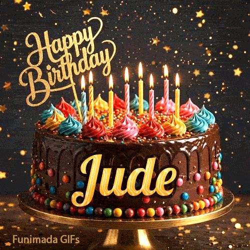 Shimmering animated card featuring a festive chocolate birthday cake with burning candles and the name Jude.