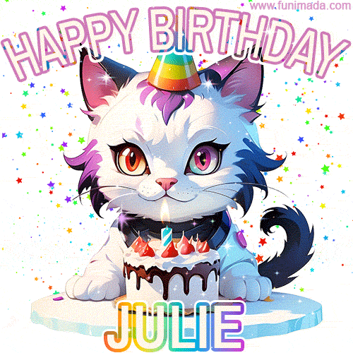 Adorable party-themed animated cat next to a lit birthday cake with text that says 'Happy Birthday Julie,' surrounded by colorful decorations and sparkles.