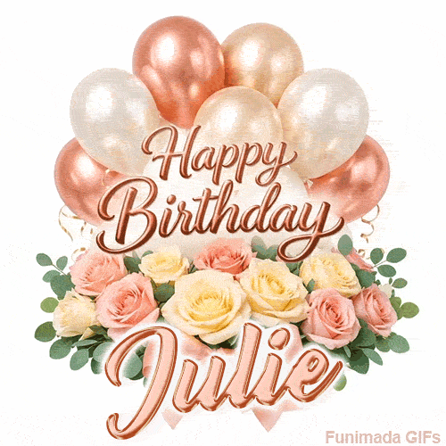 Beautiful pink and peach roses with gently moving Happy Birthday Julie text
