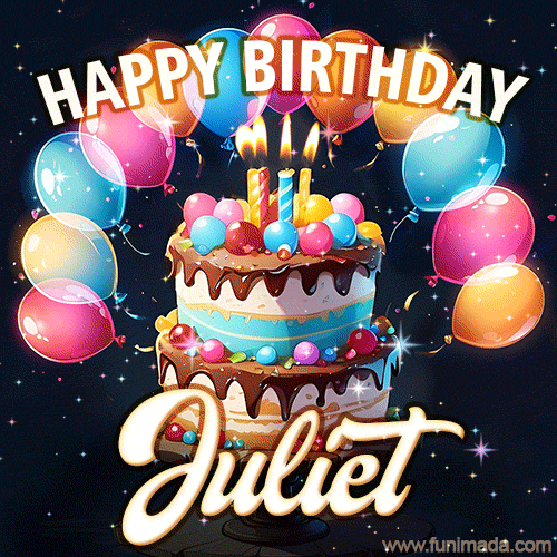 Hand-drawn happy birthday cake adorned with an arch of colorful balloons - name GIF for Juliet
