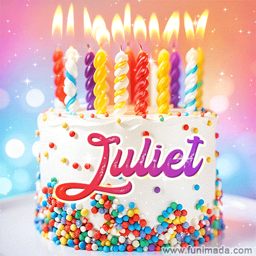 Personalized for Juliet elegant birthday cake adorned with rainbow sprinkles, colorful candles and glitter