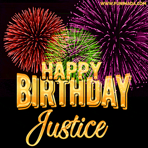 Wishing You A Happy Birthday, Justice! Best fireworks GIF animated greeting card.