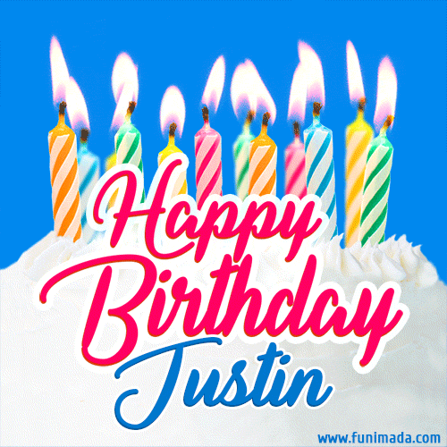 Happy Birthday GIF for Justin with Birthday Cake and Lit Candles
