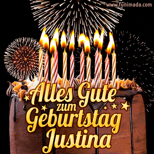A chocolate birthday cake with glowing candles, the German text 'Alles Gute zum Geburtstag Justina,' and vibrant fireworks lighting up the background in an animated GIF.