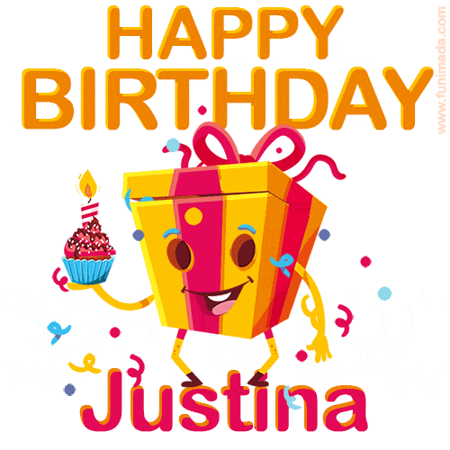 A vibrant and funny gift box character with a happy face dancing with a cupcake and the text 'Happy Birthday Justina,' surrounded by animated confetti and party vibes.
