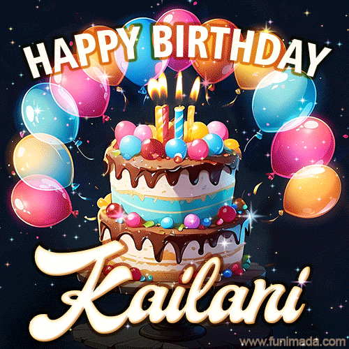 Hand-drawn happy birthday cake adorned with an arch of colorful balloons - name GIF for Kailani